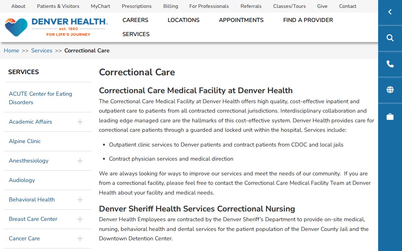 Denver Health Correctional Care page for Denver County custody and release status context