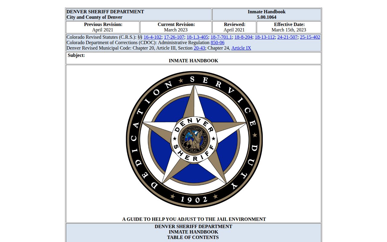 Denver Sheriff handbook for Downtown Detention Center release records and property pickup
