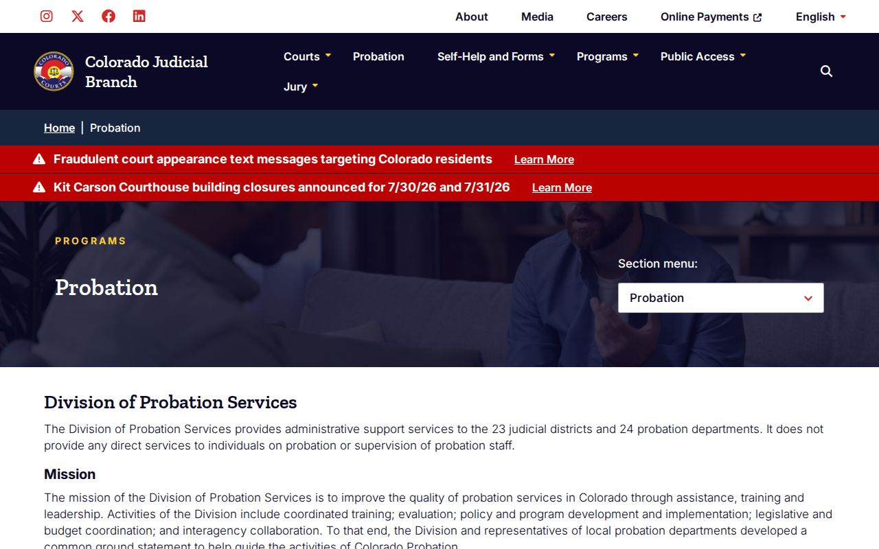 Denver County post-release supervision parole and probation page showing Colorado probation source