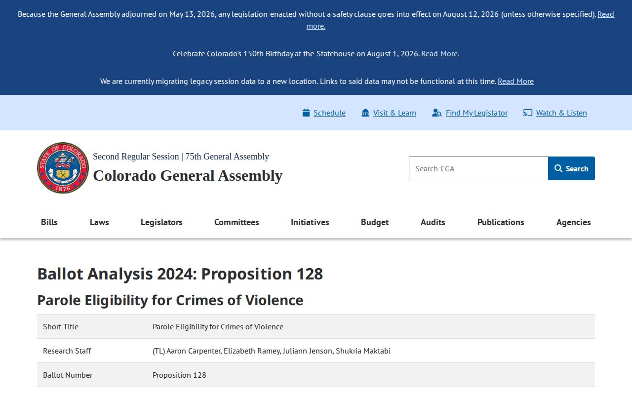 Denver County release date lookup Proposition 128 parole eligibility analysis